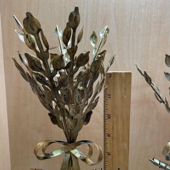 Vintage Gold Metal Candle Holders Set Of 2 - Wheat Design Floral Motif With Bow - Picture 7 of 9